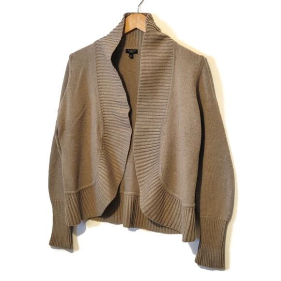 Talbots Shawl Collar Wool Blend Cardigan Tan Camel Knit Sweater Workwear Chic M - Picture 4 of 12